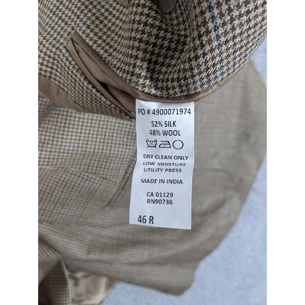 Lauren Ralph Lauren Silk Wool Sport Coat Mens 46R Brown Houndstooth Quiet Luxury